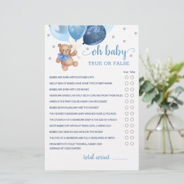 Papier Vrai Ou Faux Faits Jeu Baby shower Teddy Bear (Debout devant)