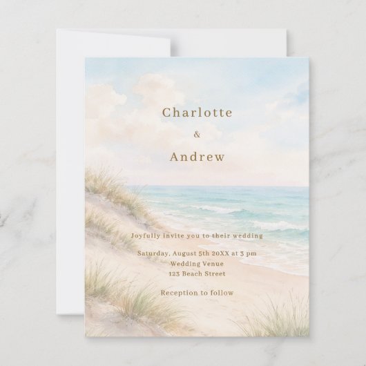 Papier Watercolor beach coatal modern wedding invitation (Devant)