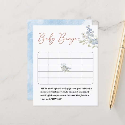 Papier Watercolor bleu fleurs baby shower jeu de bingo (Devant/Arrière en situation)