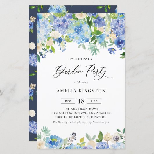 Papier Watercolor Blue Hydrangea Garden Party Invitation (Devant / Derrière)