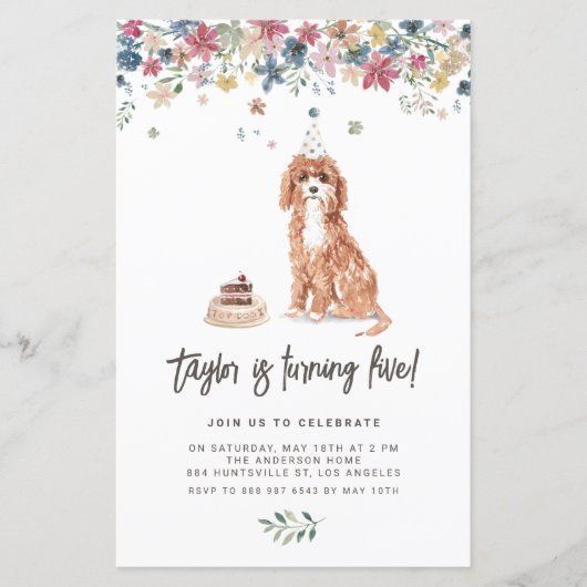 Papier Watercolor Cavapoo Chien Anniversaire Fête Invitat (Devant)