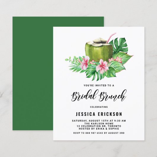 Papier Watercolor Coconut Summer Bridal Brunch Invitation (Devant / Derrière)