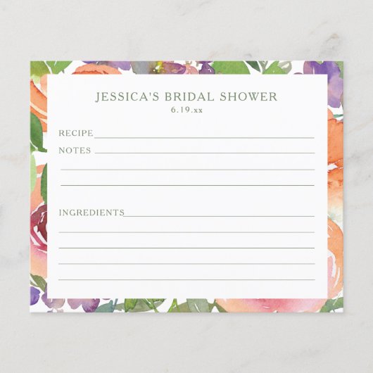 Papier Watercolor Orange Floral Bridal Shower Recipe Card (Devant)