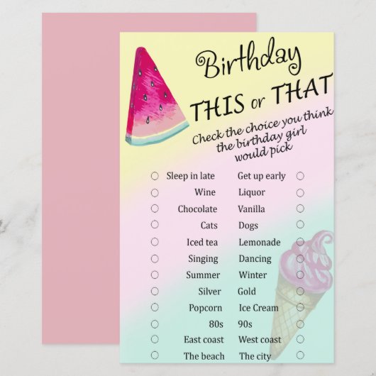 Papier Watermelon Anniversaire ce ou ce jeu (Devant / Derrière)