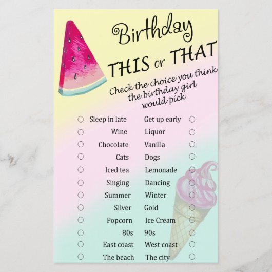 Papier Watermelon Anniversaire ce ou ce jeu (Devant)