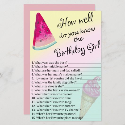 Papier Watermelon Comme tu connais bien la fille d'annive (Devant / Derrière)