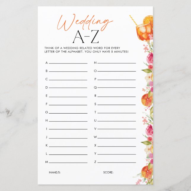Papier Wedding A-Z Bridal Shower Game First Spritz (Devant)