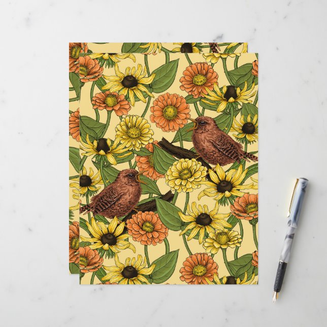 Papier Wens et fleurs sur jaune pâle (Devant/Arrière en situation)