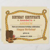 Papier Western Rodeo Parti à thème 1er certificat de rodé (Devant / Derrière)
