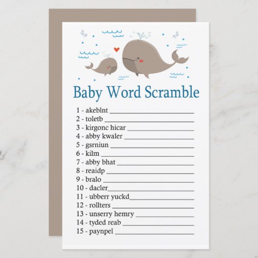 Papier Whale Baby jeu de mots scramble (Devant / Derrière)