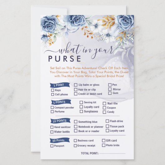 Papier What in Your Purse Blue Floral Bridal Shower Games (Devant)