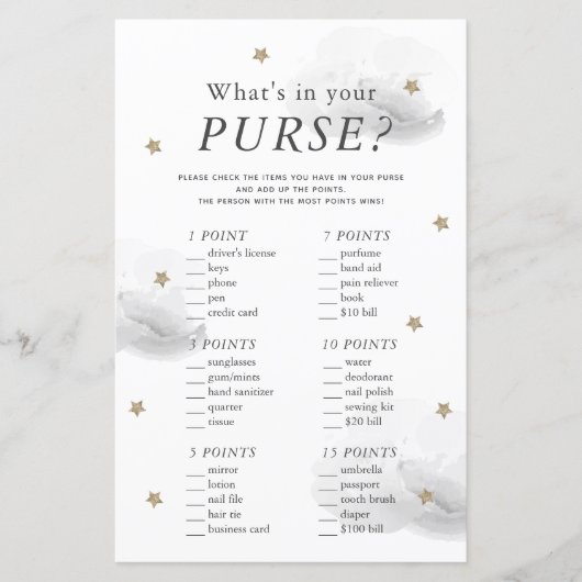 Papier What's in Your Purse Star Gray Baby Shower Game (Devant)