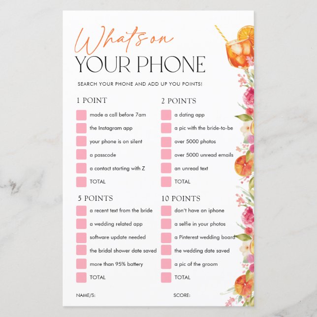 Papier Whats On Your Phone Bridal Shower Game Spritz (Devant)