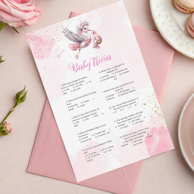 Papier Whimsical Pink Stork Baby shower Trivia Jeu (Créateur téléchargé)