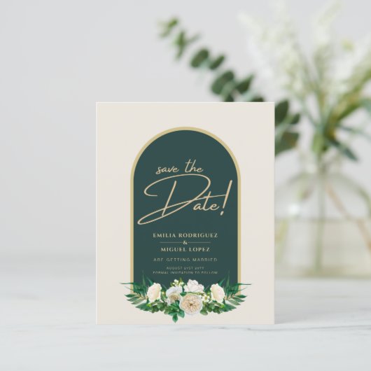 Papier White Roses Forêt Vert Mariage d'hiver Sauver Date (Debout devant)
