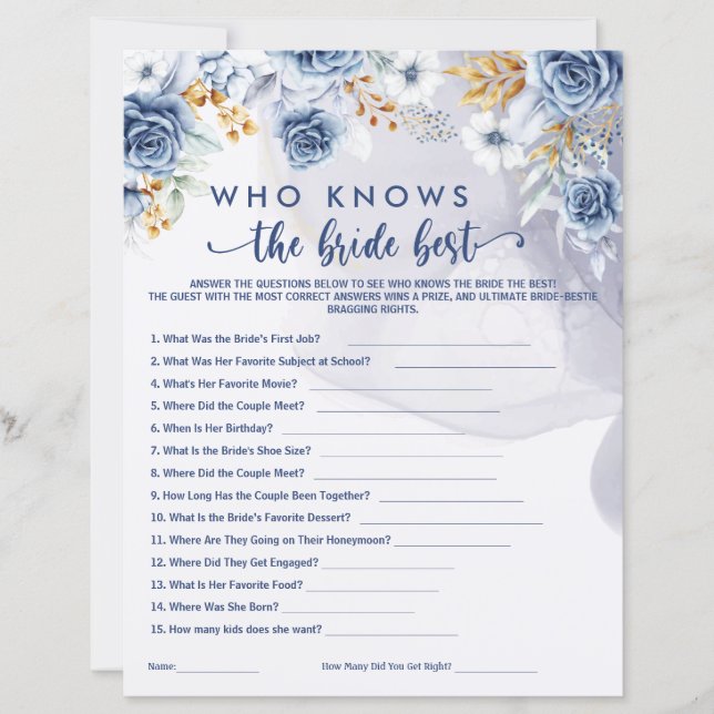 Papier Who Knows the Bride Best Games Bridal Shower  (Devant)