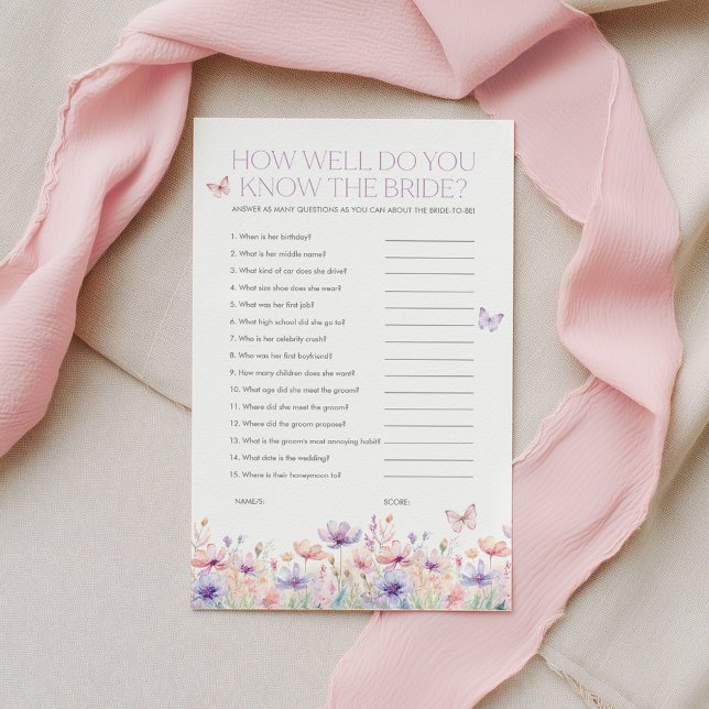 Papier Wildflower Bridal Shower Games Know the Bride (How well do you know the Bride? Butterfly Bridal Shower Game | Lifetime of butterflies | Wildflower)