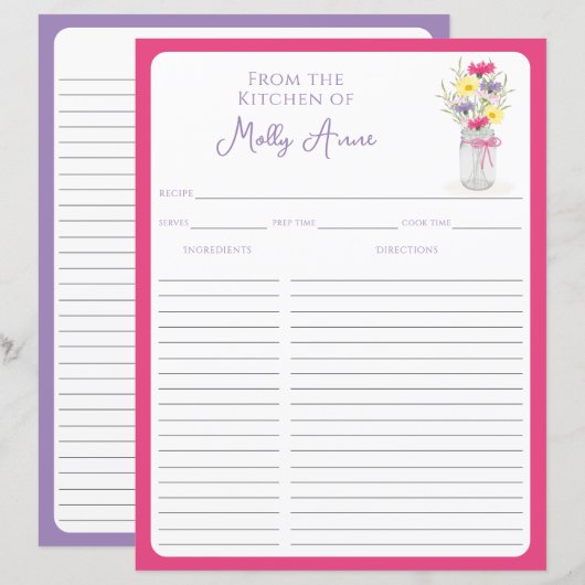 Papier Wildflowers Mason Jar Pink & Purple Recipe Sheets (Devant / Derrière)