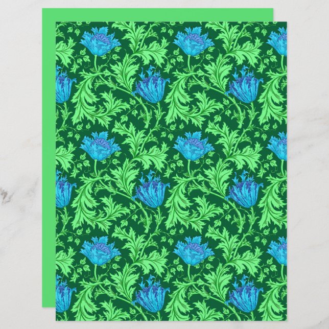 Papier William Morris Anemone, Emerald Green et Blue (Devant / Derrière)