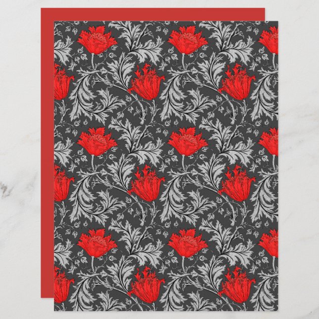 Papier William Morris Anemone, gris / gris et rouge (Devant / Derrière)