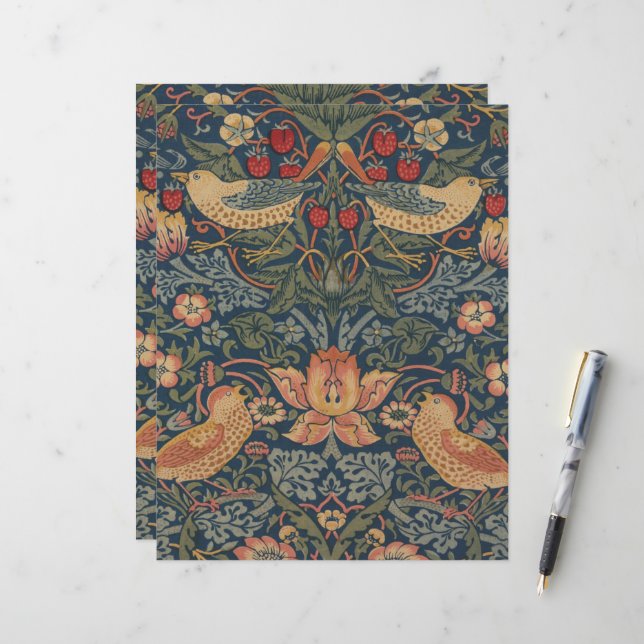 Papier William Morris Fraise Voleurs Oiseaux (Devant/Arrière en situation)