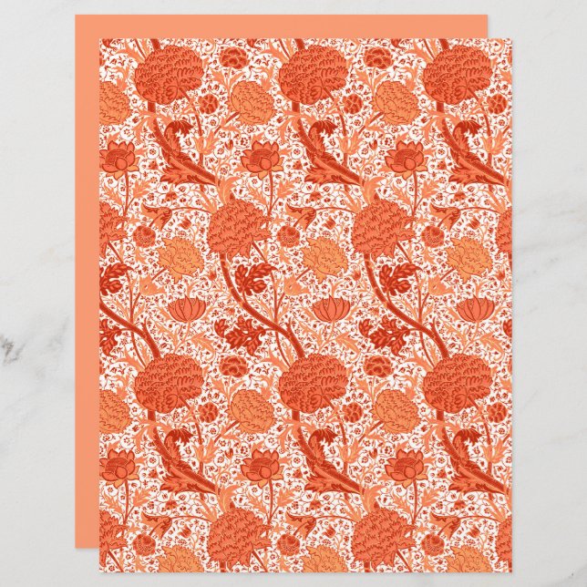 Papier William Morris Jacobean Floral, Coral Orange (Devant / Derrière)