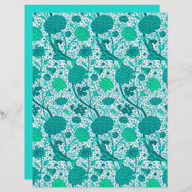 Papier William Morris Jacobean Floral, Turquoise (Devant / Derrière)
