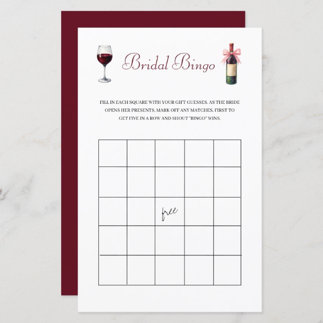Papier Wine Bridal Bingo Bachelorette Game Stationery (Devant / Derrière)