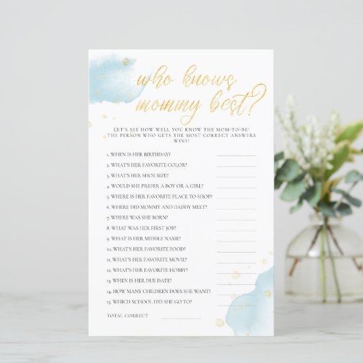 Papier Winter Blue Baby shower Jeu Qui Connaît Maman Meil (Debout devant)