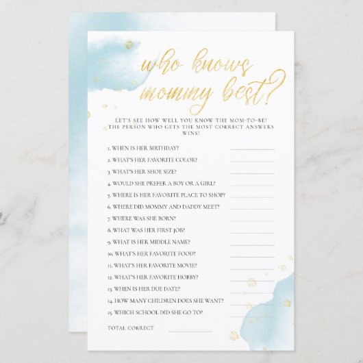 Papier Winter Blue Baby shower Jeu Qui Connaît Maman Meil (Devant / Derrière)