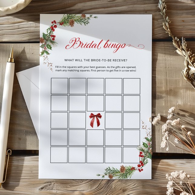 Papier Winter Greenery Red Bow Bridal Bingo game (Créateur téléchargé)