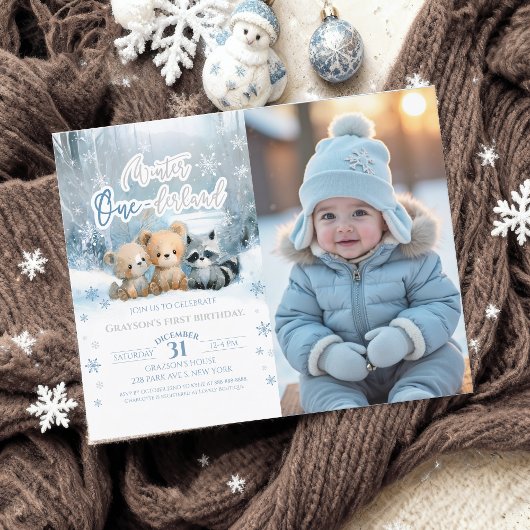 Papier Winter Onederland Blue First Bday Photo Invitation