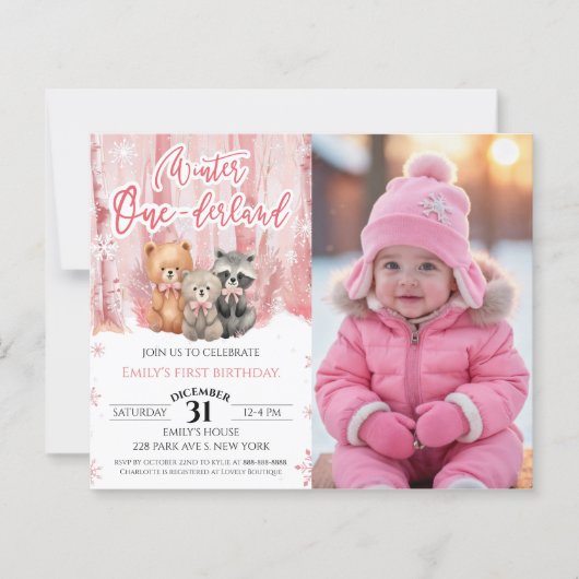 Papier Winter Onederland Pink First Bday Photo Invitation (Devant)