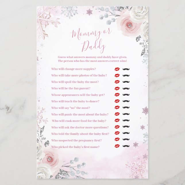 Papier Winter Pastel Pink Snowflake Mommy or Daddy Game (Devant)