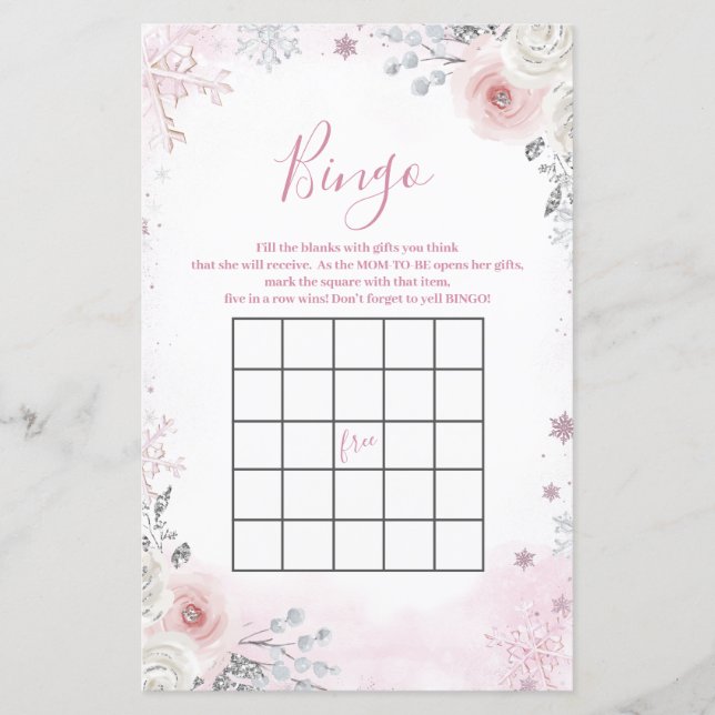 Papier Winter Pastel Pink Snowflake Sleigh Bingo Game (Devant)