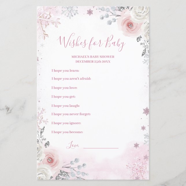 Papier Winter Pastel Pink Snowflake Wishes for Baby Game (Devant)