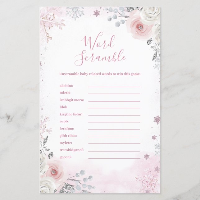 Papier Winter Pastel Pink Snowflake Word Scramble Game (Devant)