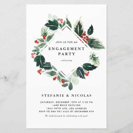 Papier Winterberry Holly Greenery Invitation Fiançailles (Devant)