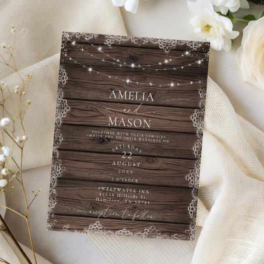 Papier Wood & Lace String Light Rustic Wedding Invitation