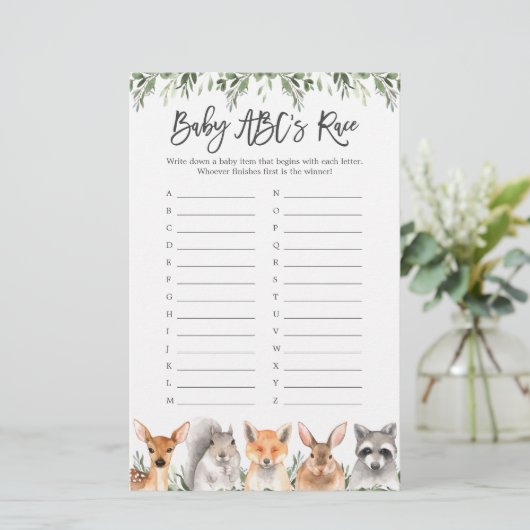 Papier Woodland Animals Baby shower ABC's Race Game (Debout devant)