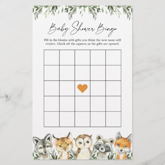 Papier Woodland Animaux Baby shower Jeu de Bingo (Devant)