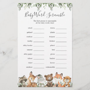 Papier Woodland Animaux Baby shower Word Scramble Jeu