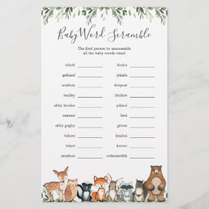 Papier Woodland Animaux Baby shower Word Scramble Jeu
