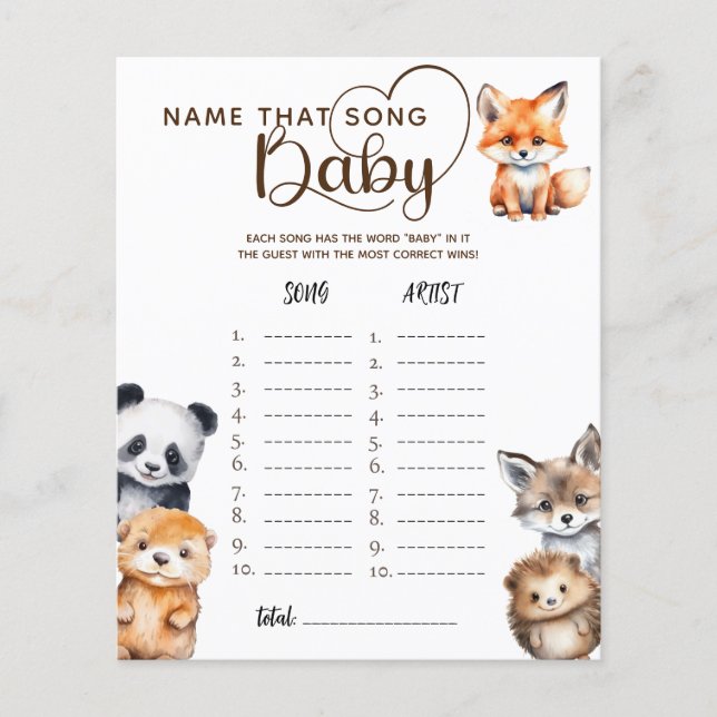 Papier Woodland Animaux Nom Baby shower Ce Jeu De Chanson (Devant)