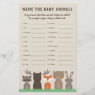 Papier Woodland Baby shower Bébé Nom animal Jeu