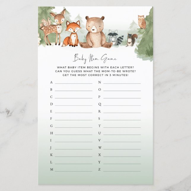 Papier Woodland Baby shower Jeu Baby Items (Devant)