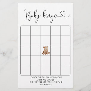 Papier Woodland Bear Baby shower Bingo Jeu