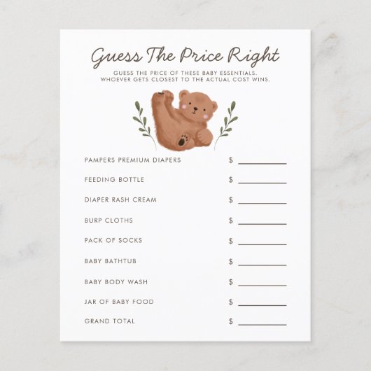 Papier Woodland Bear Baby shower Devinez Le Prix Juste (Devant)