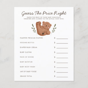 Papier Woodland Bear Baby shower Devinez Le Prix Juste
