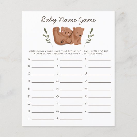 Papier Woodland Bears Twins Baby Name Shower Game (Devant)